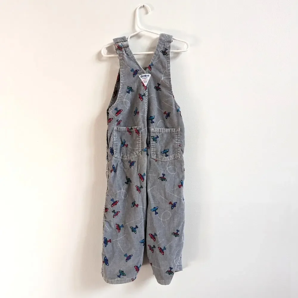 Vtg 90s Oshkosh Bgosh Overalls Boys Sz 4T Gray Corduroy Airplanes